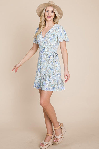 Floral Ruffled Asymmetrical Hem Wrap Dress