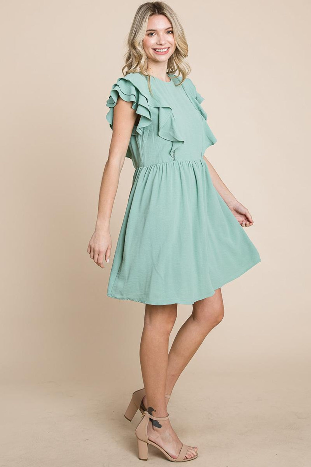 Flutter Sleeve Front Lace Ruched Sundress