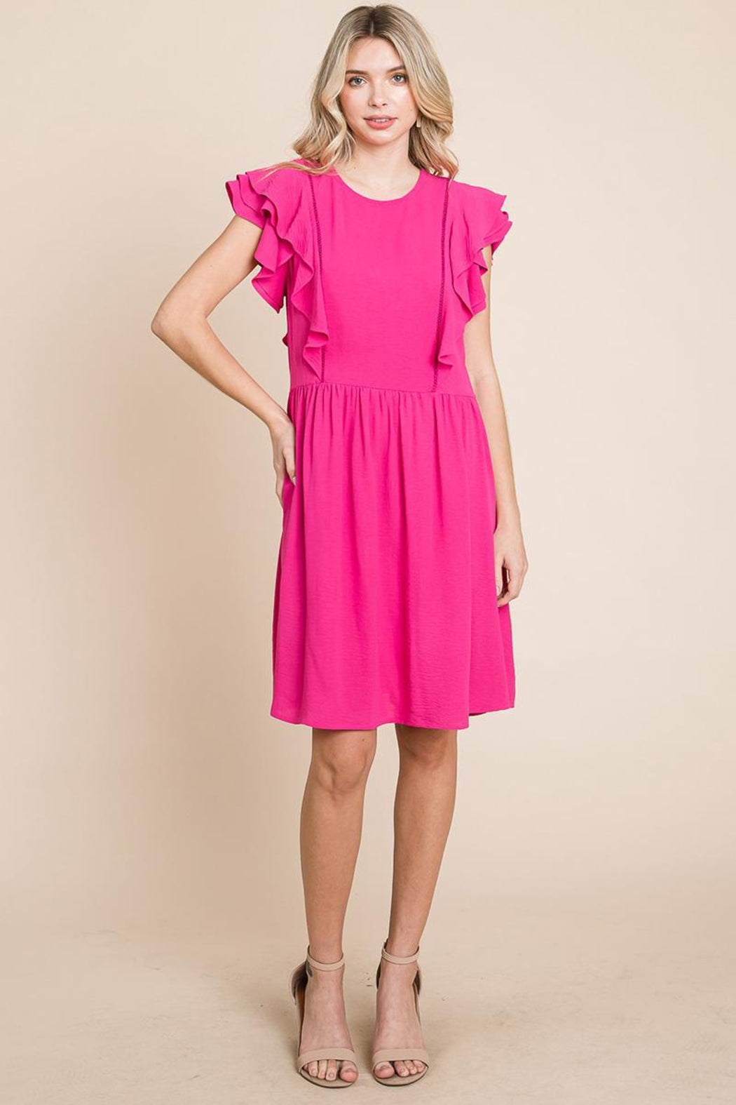 Flutter Sleeve Front Lace Ruched Sundress