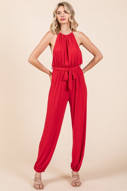 Halter Neck Shirred Belted Split Leg Jumpsuit