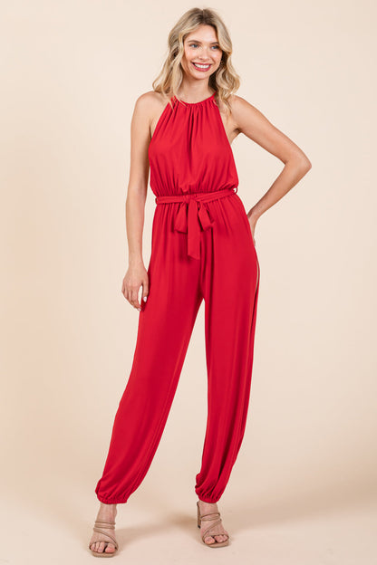 Halter Neck Shirred Belted Split Leg Jumpsuit