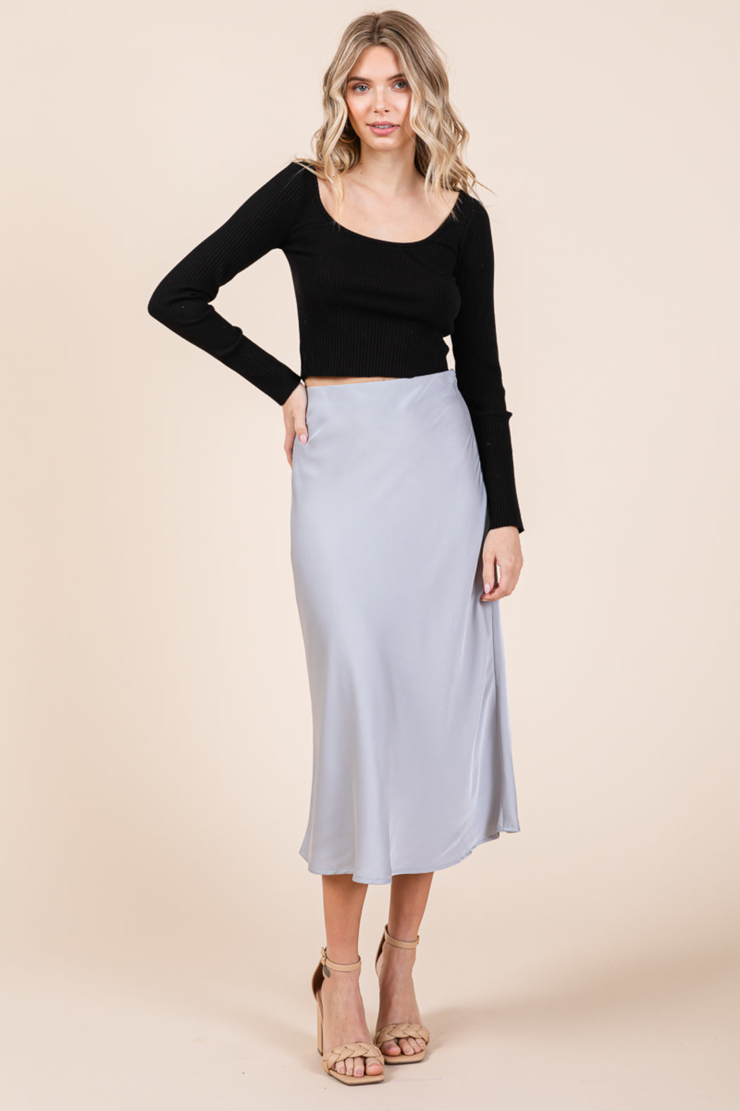 High Waist Satin A Line Midi Skirt
