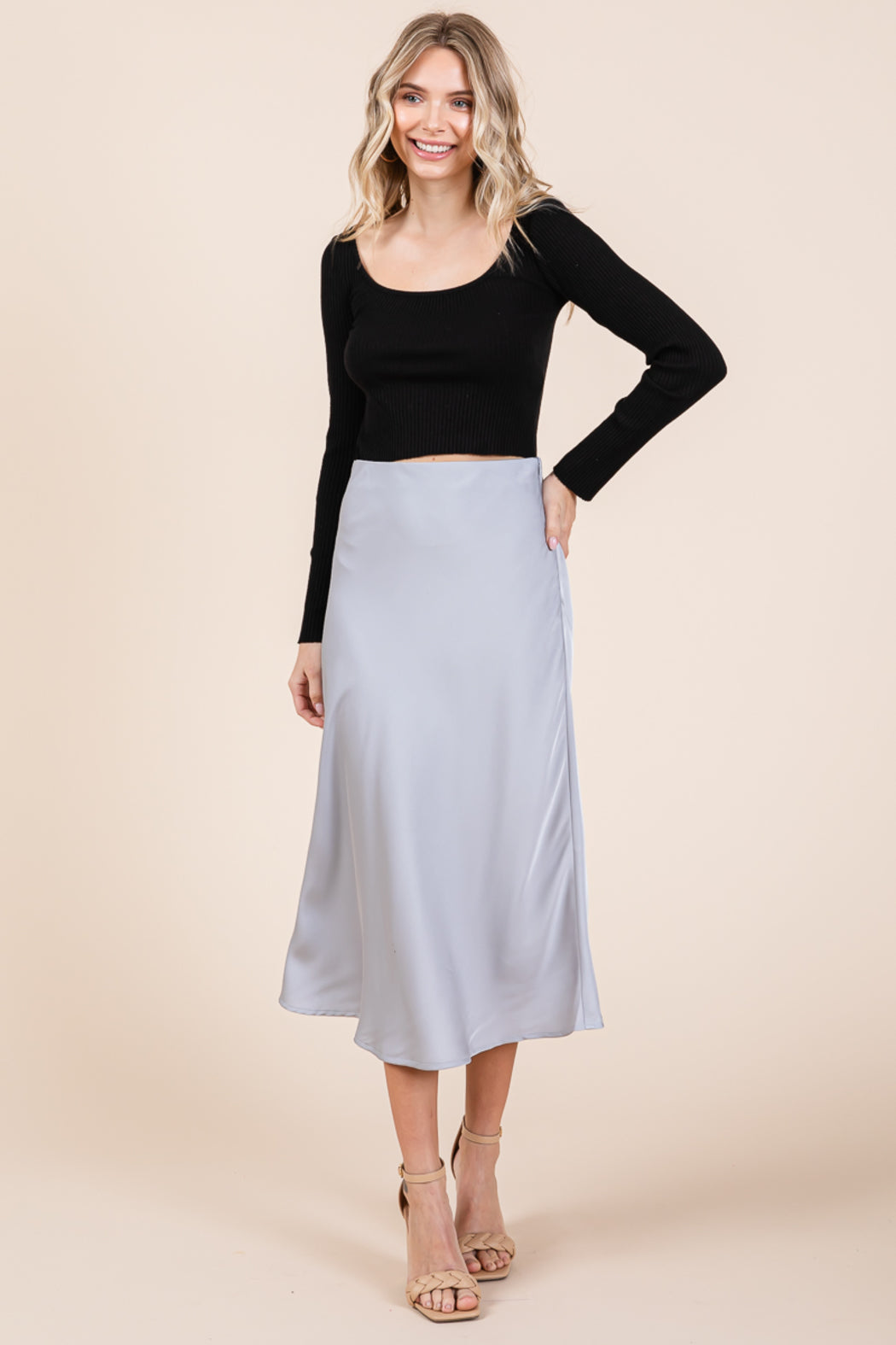 High Waist Satin A Line Midi Skirt