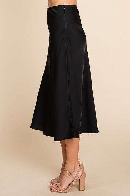 High Waist Satin A Line Midi Skirt