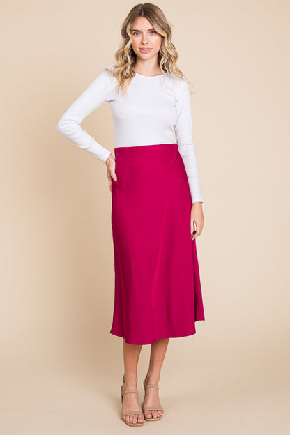 High Waist Satin A Line Midi Skirt