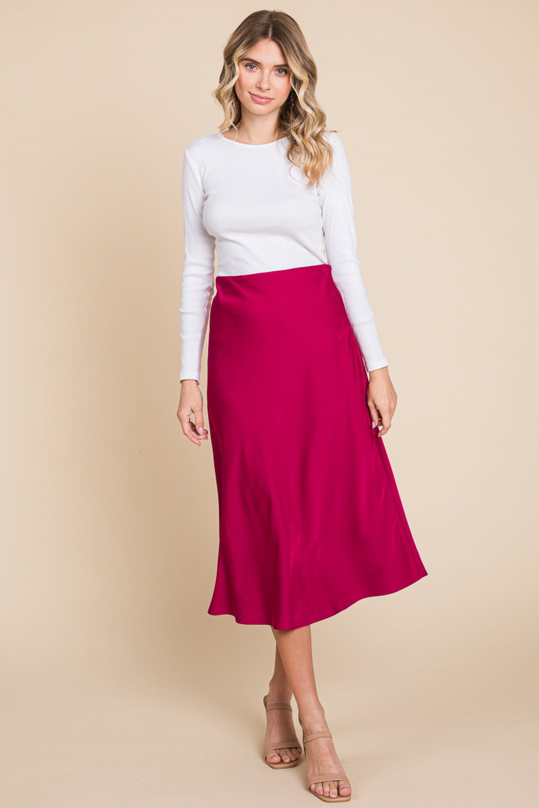 High Waist Satin A Line Midi Skirt