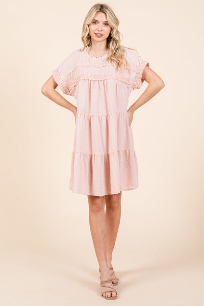 Lace Front Swiss Dot Ruffle Tiered Swing Dress