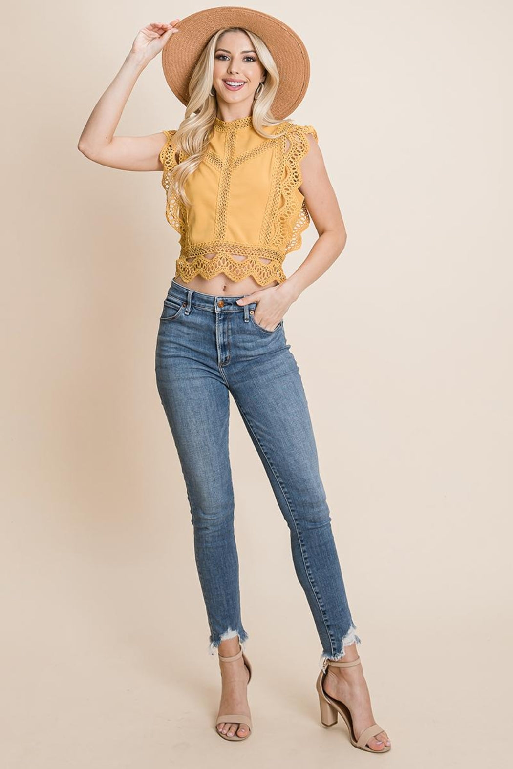 Lace Mock Neck Zip Back Crop Top