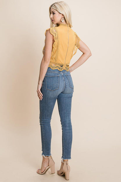 Lace Mock Neck Zip Back Crop Top