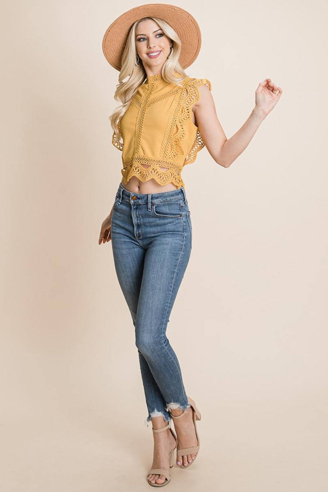 Lace Mock Neck Zip Back Crop Top
