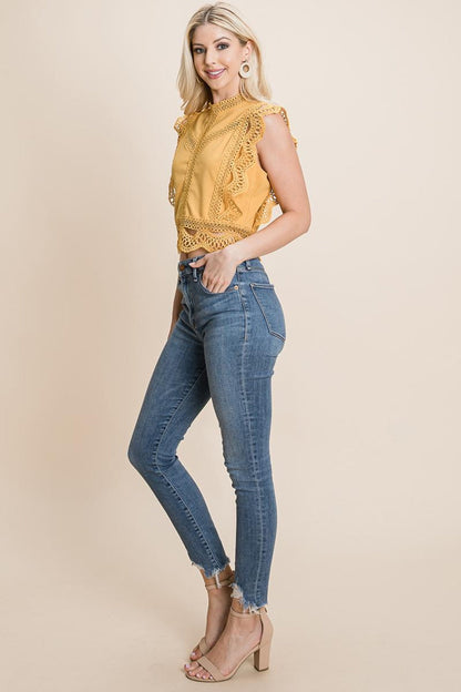 Lace Mock Neck Zip Back Crop Top