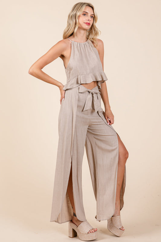 Linen Crop Top And Wide Slit Pants Two Piece Sets