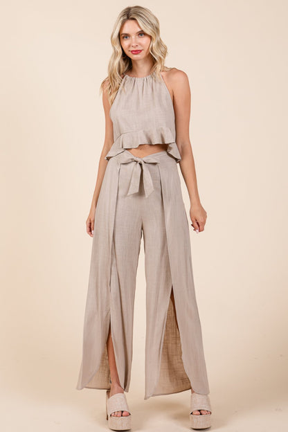 Linen Crop Top And Wide Slit Pants Two Piece Sets