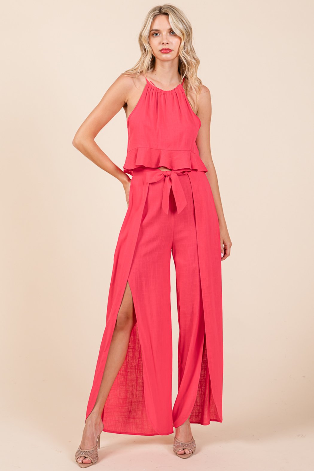 Linen Crop Top And Wide Slit Pants Two Piece Sets