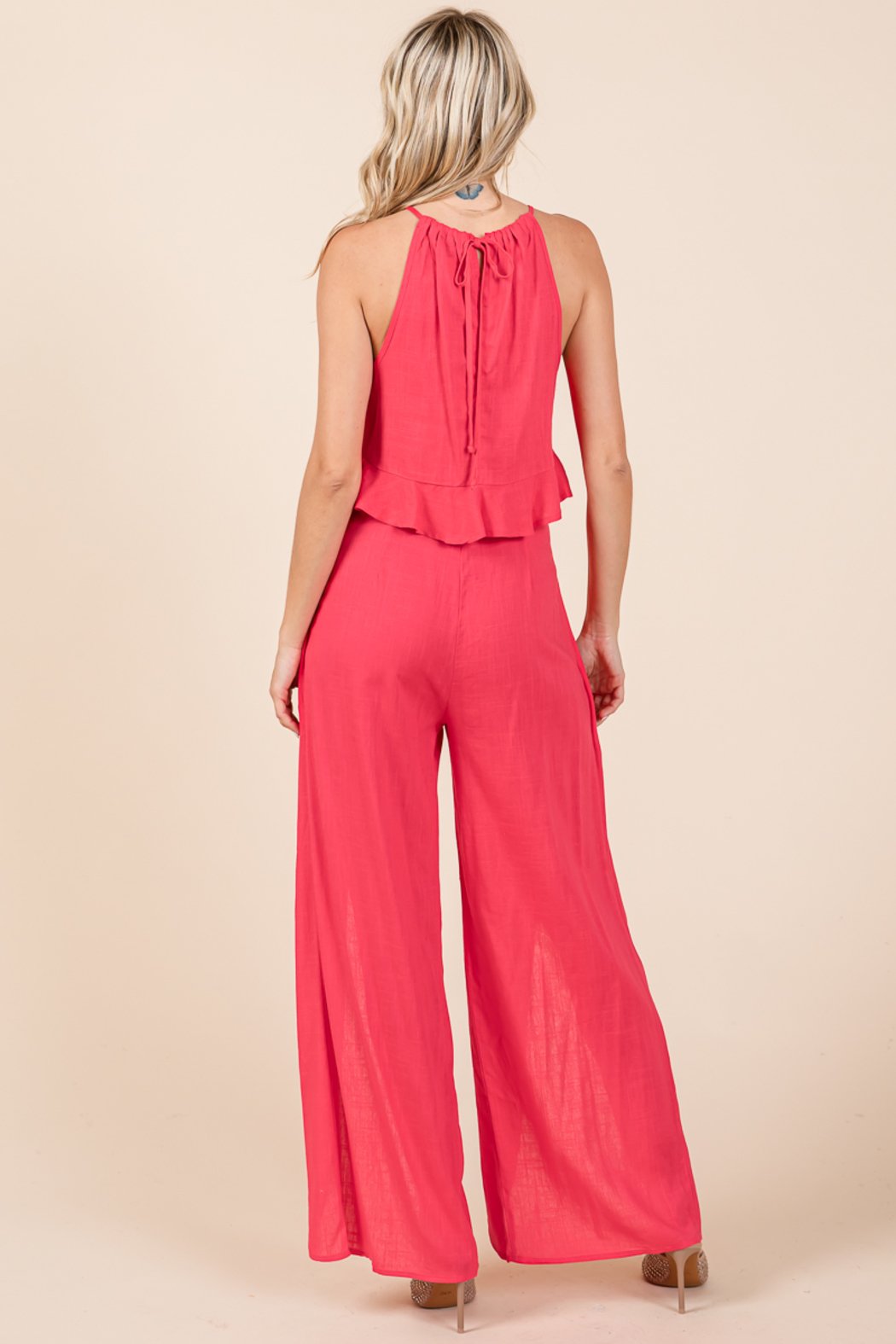 Linen Crop Top And Wide Slit Pants Two Piece Sets