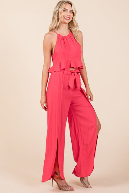 Linen Crop Top And Wide Slit Pants Two Piece Sets