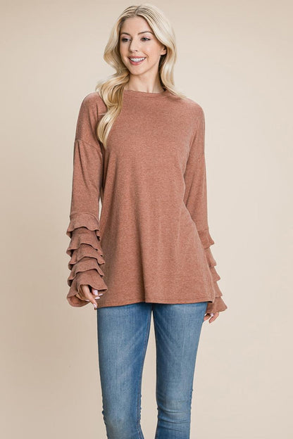 Long Sleeve Ruffle Layered Shirred Sweaters Shirts