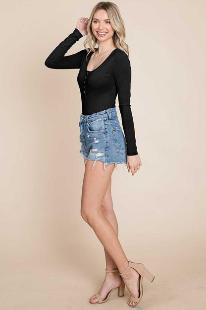 Long Sleeve Scoop Neck Ribbed Knit Henley Bodysuit