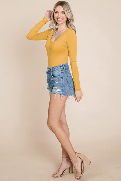 Long Sleeve Scoop Neck Ribbed Knit Henley Bodysuit