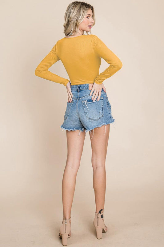 Long Sleeve Scoop Neck Ribbed Knit Henley Bodysuit