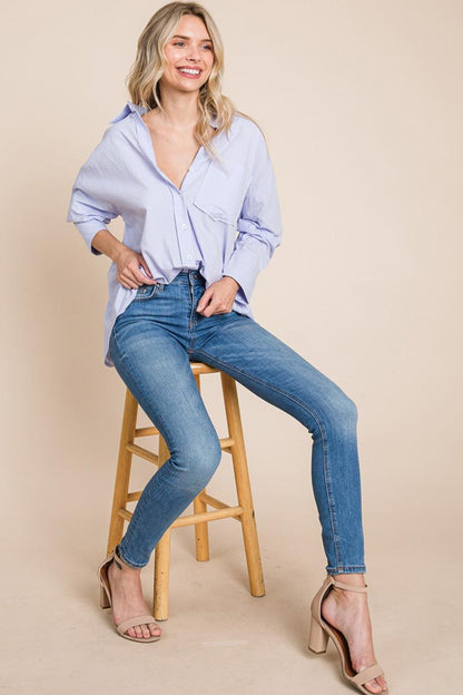 Low Shoulder Button Up Cotton Shirts Blouse
