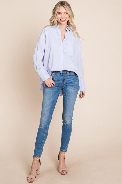 Low Shoulder Button Up Cotton Shirts Blouse