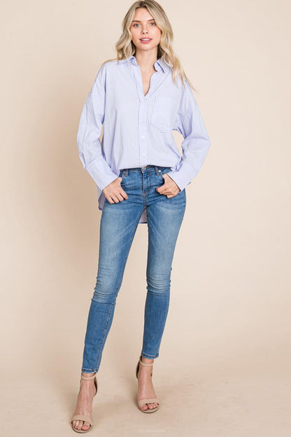 Low Shoulder Button Up Cotton Shirts Blouse