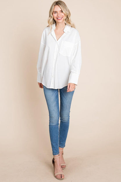 Low Shoulder Button Up Cotton Shirts Blouse