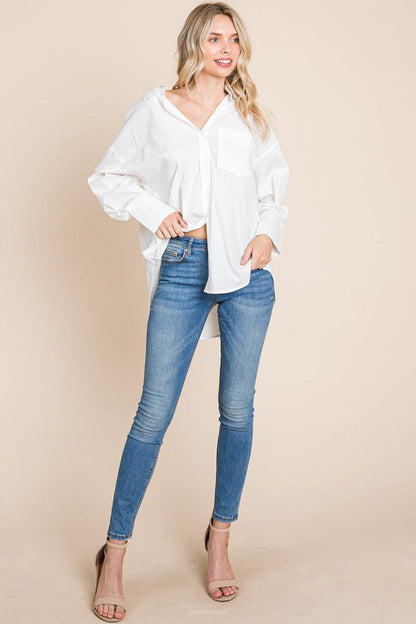 Low Shoulder Button Up Cotton Shirts Blouse