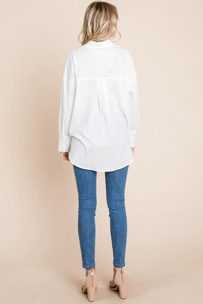 Low Shoulder Button Up Cotton Shirts Blouse