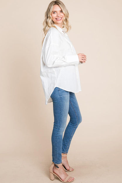 Low Shoulder Button Up Cotton Shirts Blouse