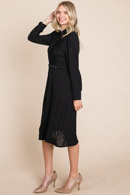 Pintucked Front Button Down Shirtdress With Belt