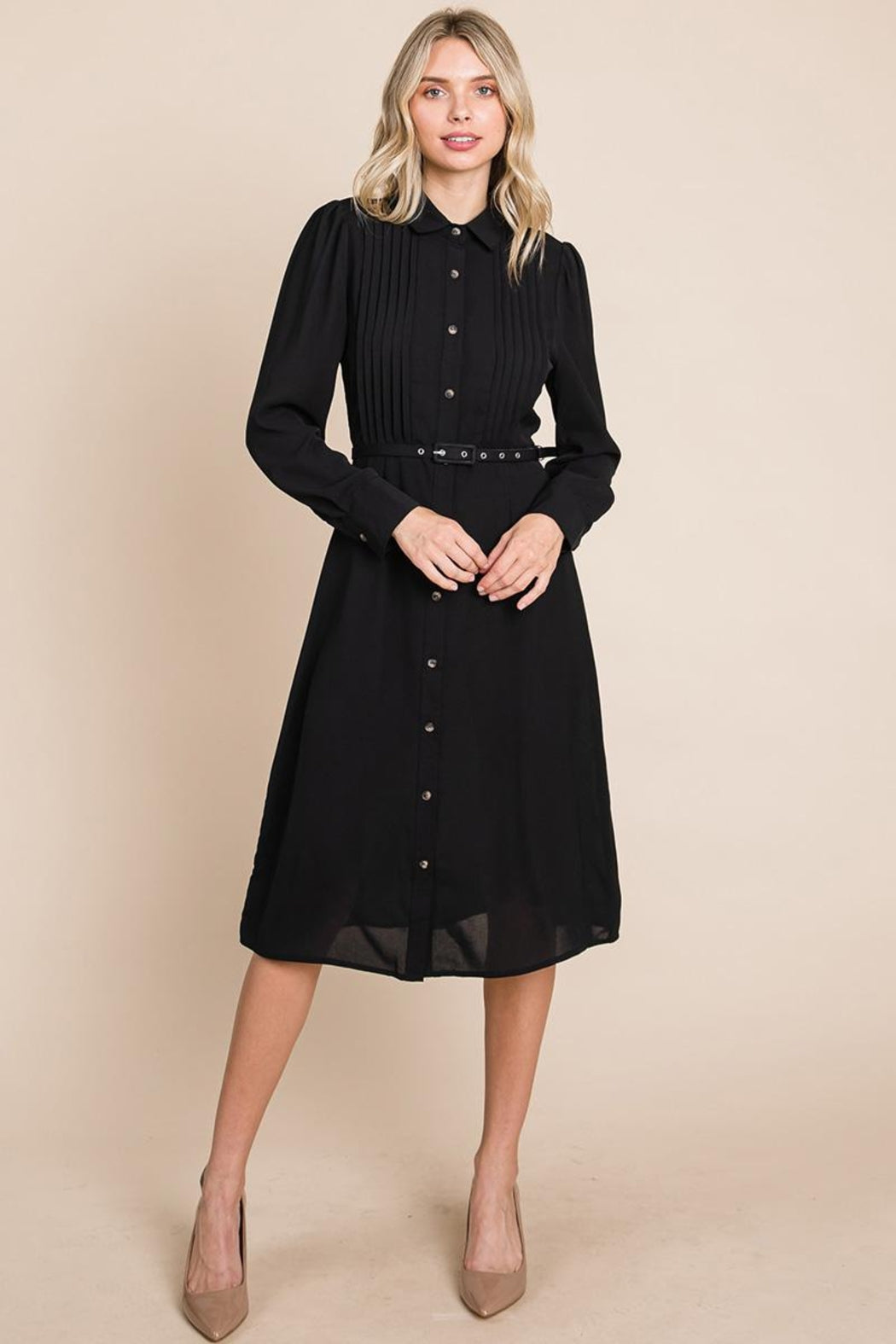 Pintucked Front Button Down Shirtdress With Belt