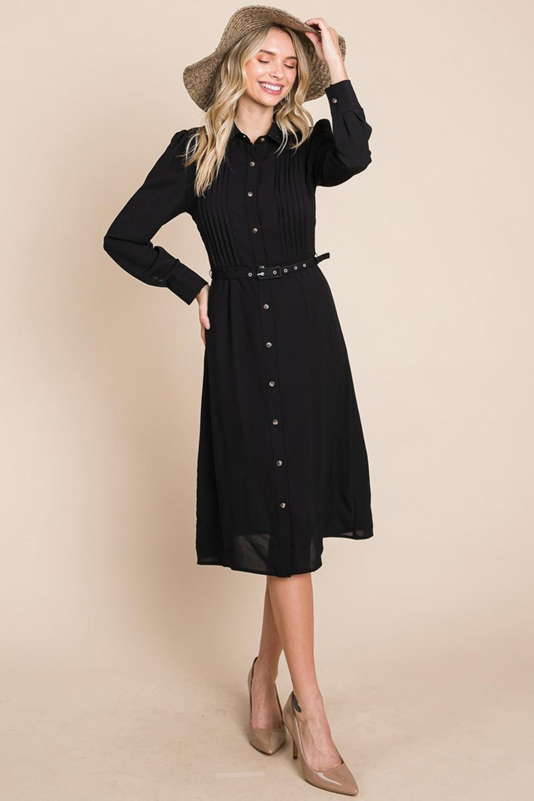 Pintucked Front Button Down Shirtdress With Belt