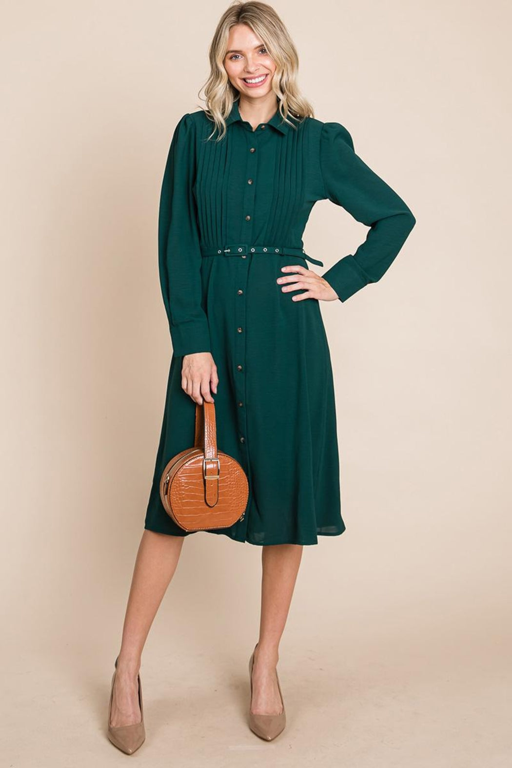 Pintucked Front Button Down Shirtdress With Belt