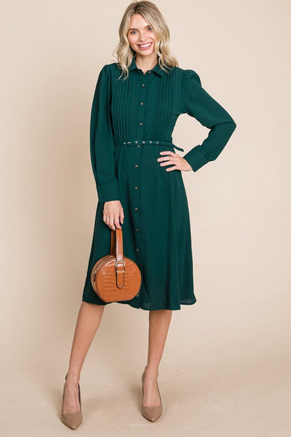 Pintucked Front Button Down Shirtdress With Belt