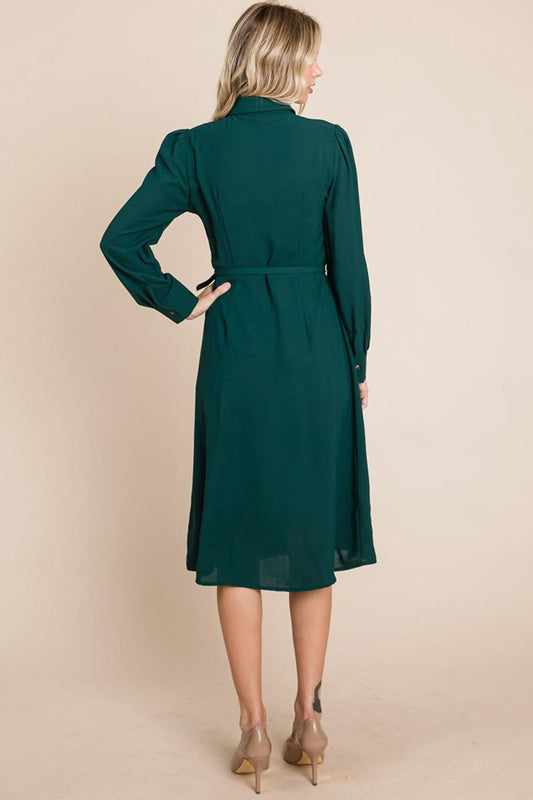 Pintucked Front Button Down Shirtdress With Belt