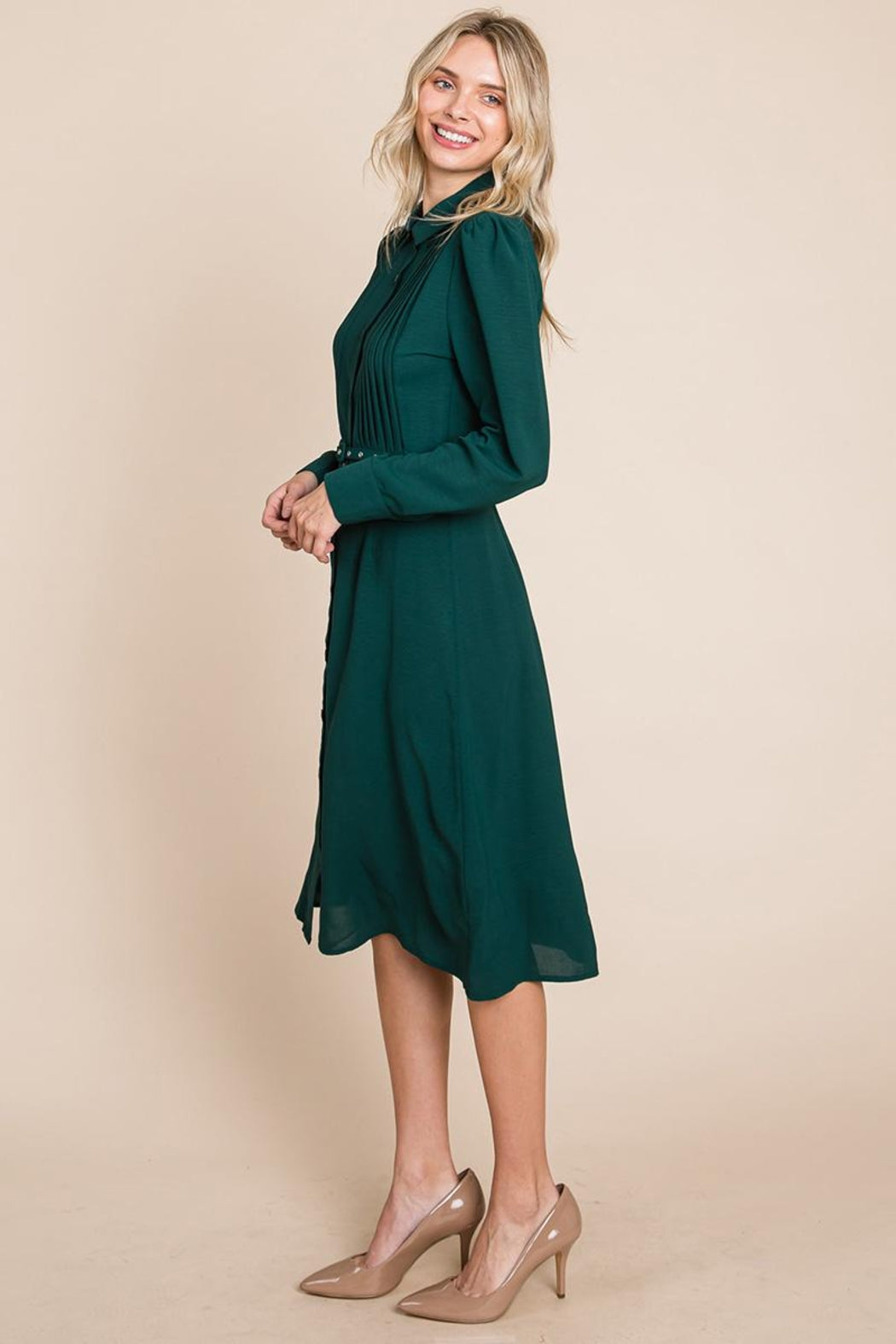 Pintucked Front Button Down Shirtdress With Belt