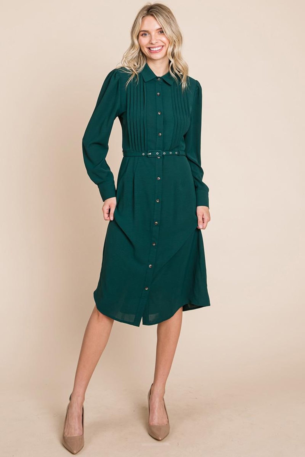 Pintucked Front Button Down Shirtdress With Belt