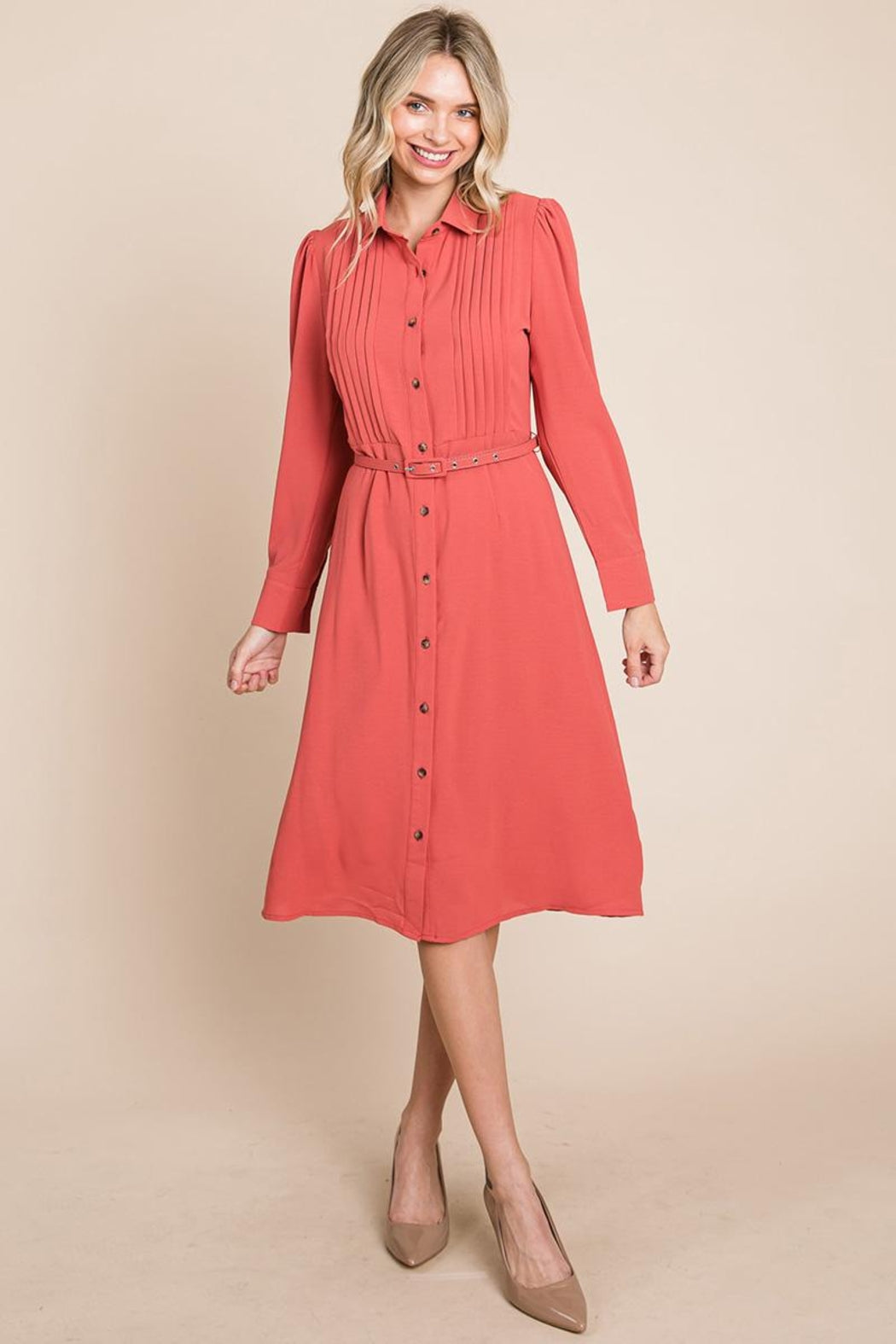 Pintucked Front Button Down Shirtdress With Belt
