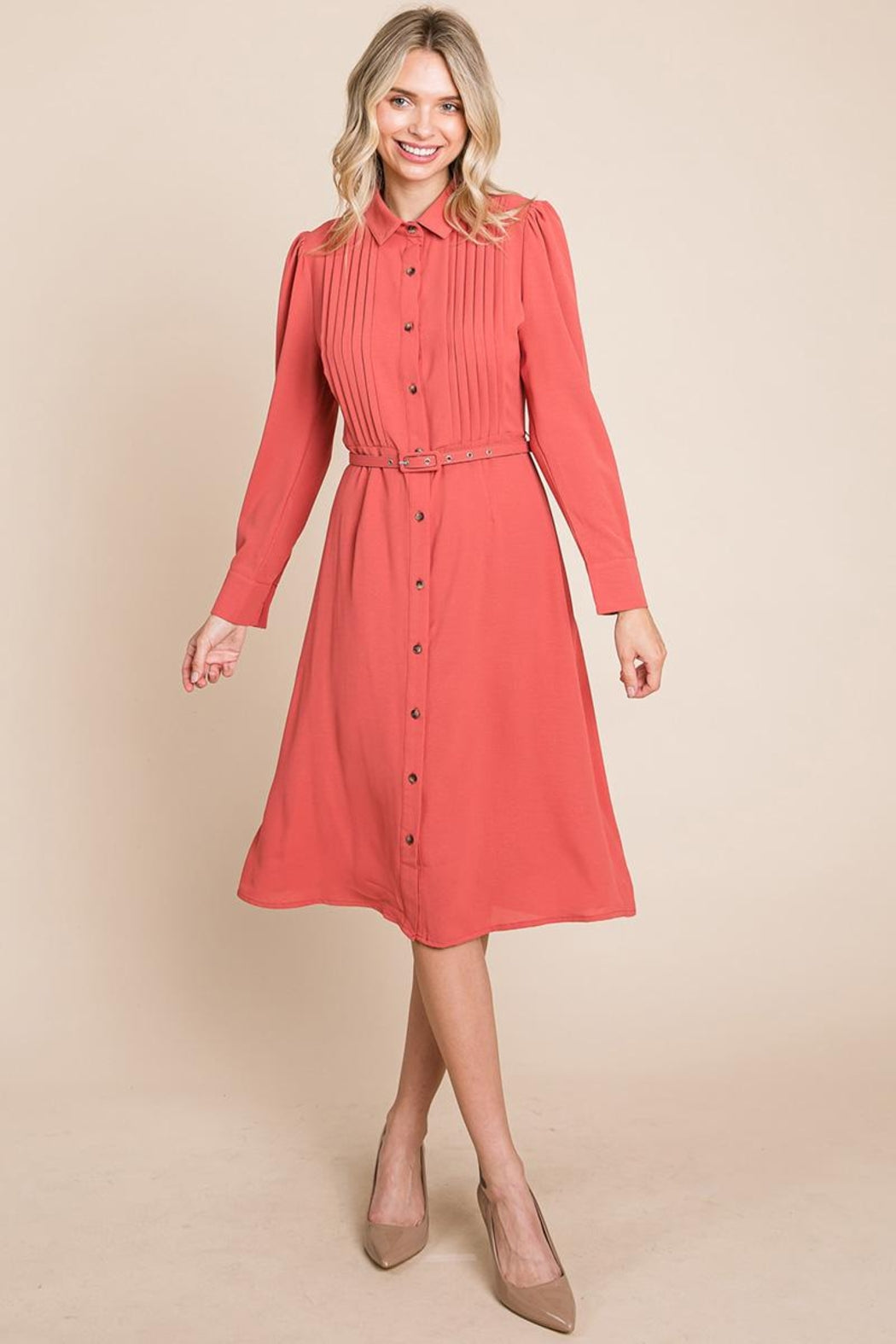 Pintucked Front Button Down Shirtdress With Belt