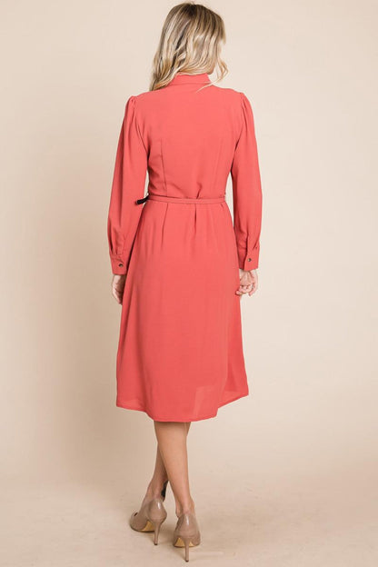 Pintucked Front Button Down Shirtdress With Belt