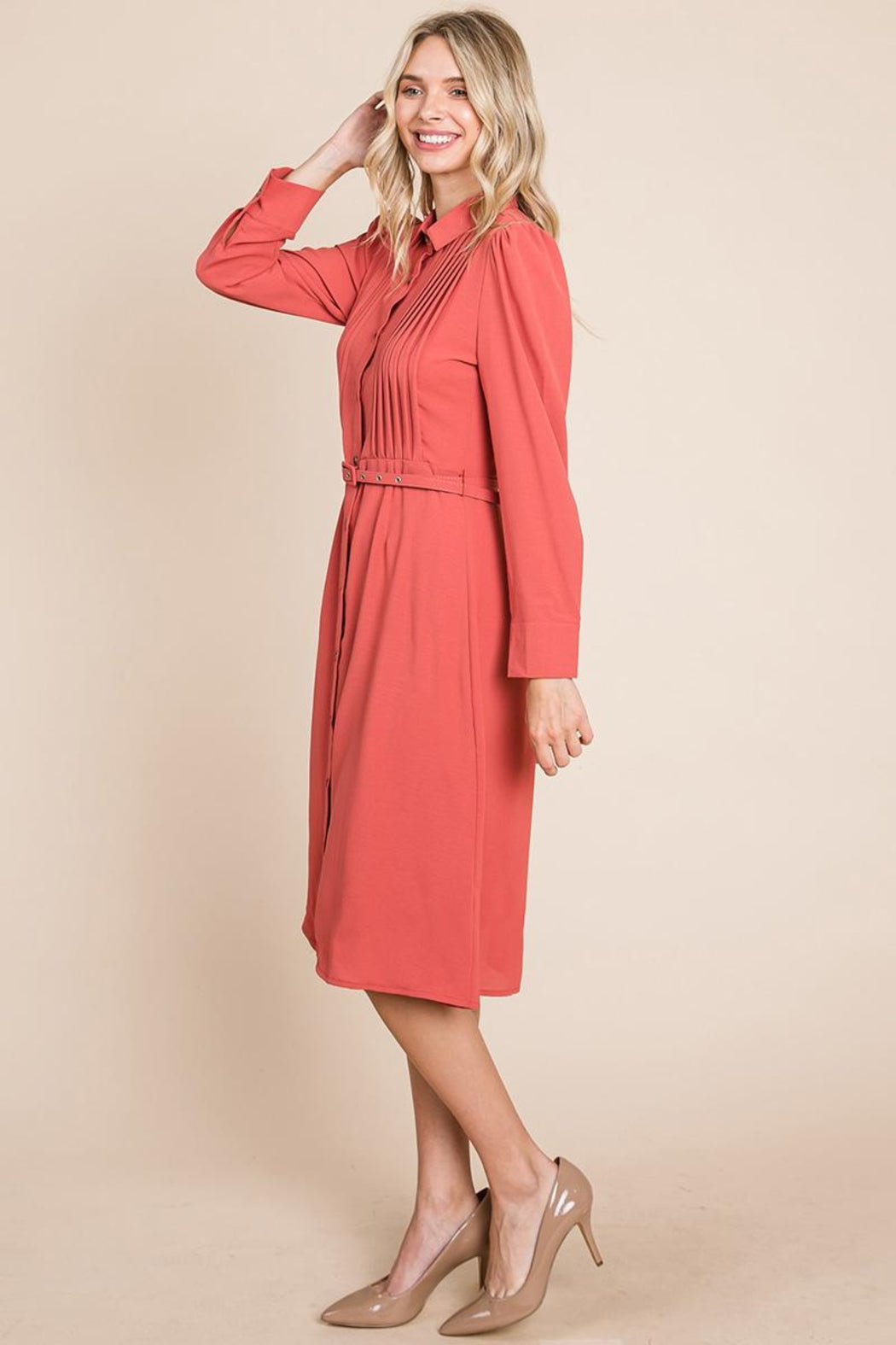 Pintucked Front Button Down Shirtdress With Belt