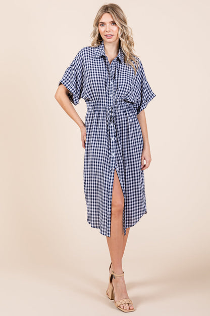Plaid Short Sleeve Waist Tie Collared Shirt Dress