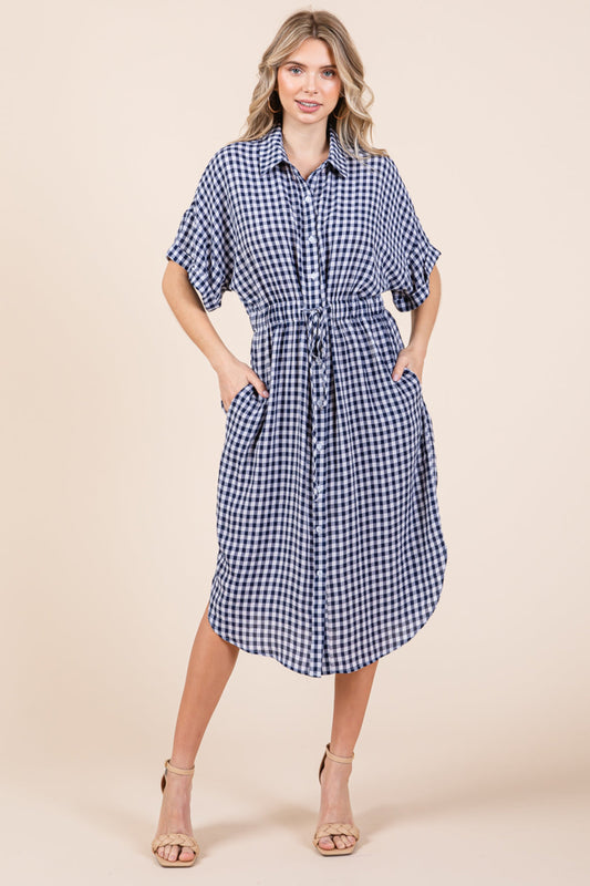 Plaid Short Sleeve Waist Tie Collared Shirt Dress