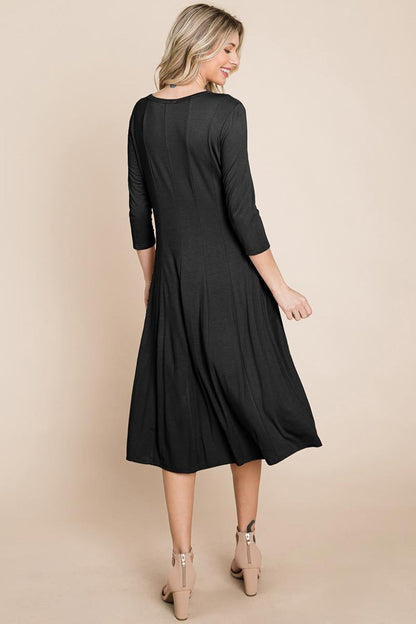 Pleated 3/4 Sleeve A Line Flare Midi Jersey Dress