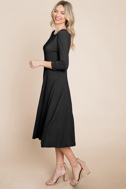 Pleated 3/4 Sleeve A Line Flare Midi Jersey Dress