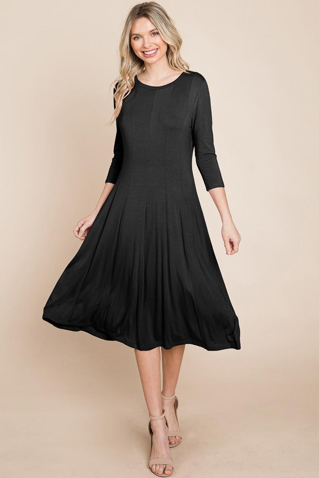 Pleated 3/4 Sleeve A Line Flare Midi Jersey Dress