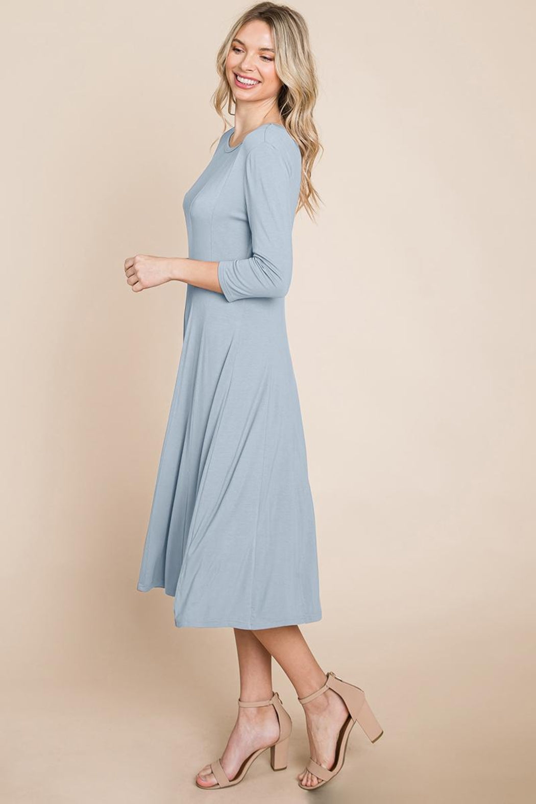Pleated 3/4 Sleeve A Line Flare Midi Jersey Dress