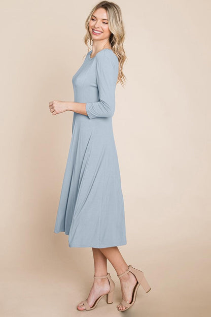 Pleated 3/4 Sleeve A Line Flare Midi Jersey Dress